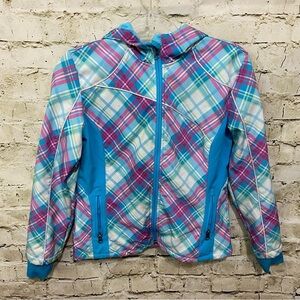 Snozu Softshell Hooded Jacket Faux Fur Lining Pink Blue Plaid